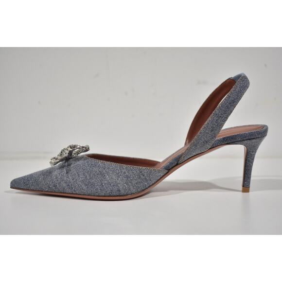 Amina Muaddi Rosie Sling Denim Blue Crystal Bow Slingback Sandal Heel Pump 38.5 - Picture 8 of 11